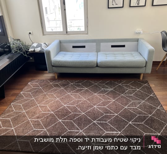 ספה אפורה על שטיח חום עם דוגמה גיאומטרית